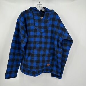 Earth Ragz Mens Blue Black Buffalo Plaid Hooded Baja Pullover‎ Size S Thick